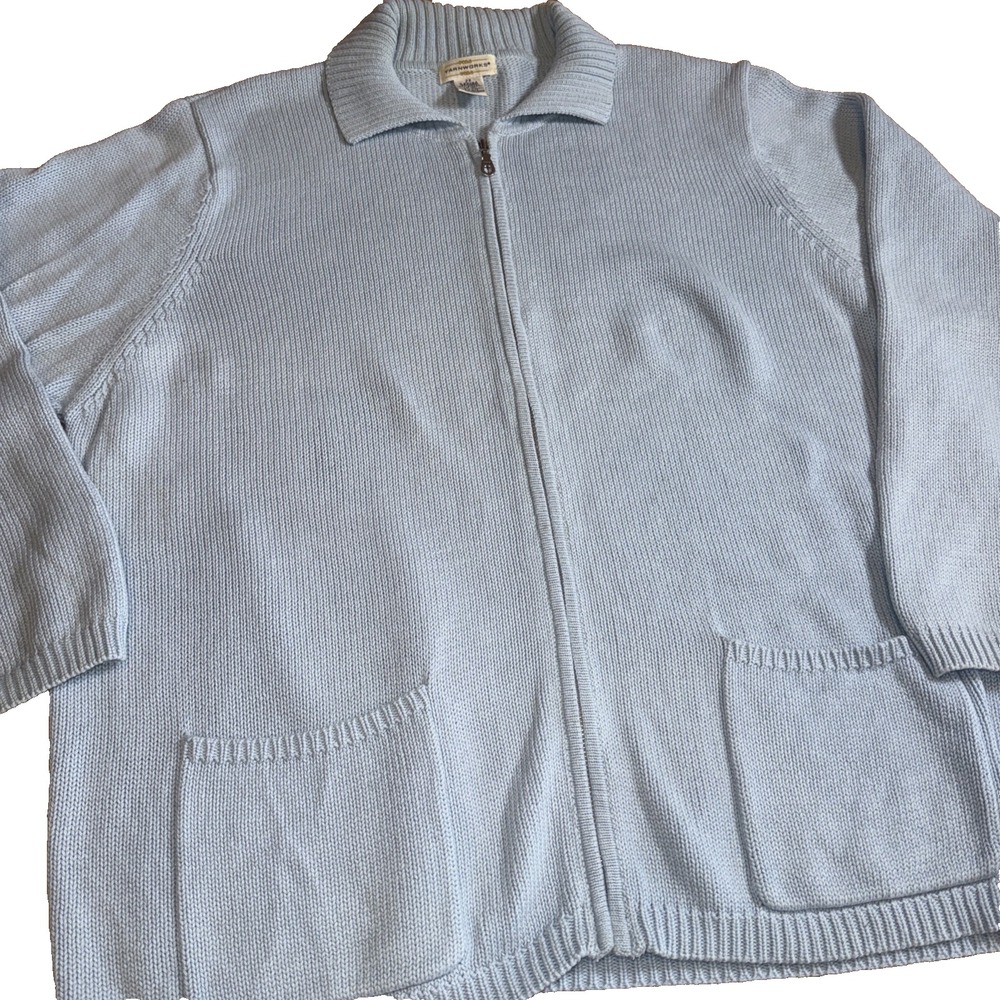 187-YarnWorks Women's Warm Blue Zip-Up Sweater Size 2X Knit with Collar